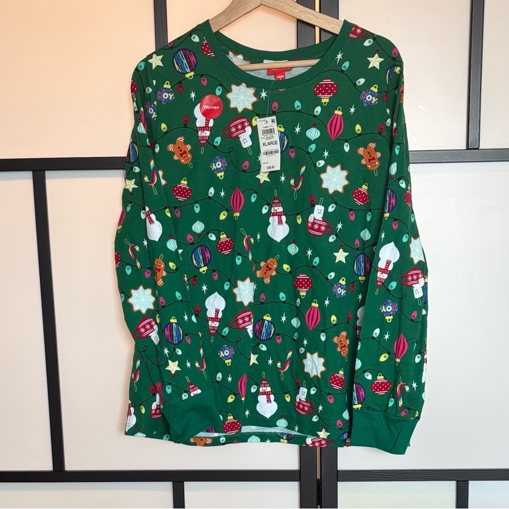 Holiday Lane Pajama Shirt Top Long Sleeve Christmas‎ Ornaments Green XL.NWT